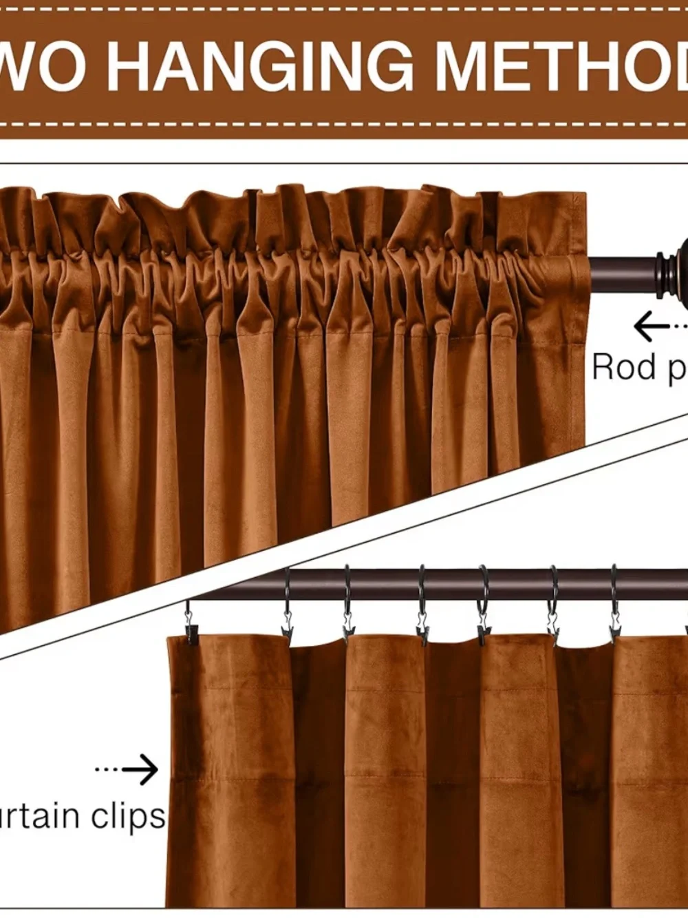 Velvet burnt orange 52 x 63” 2 panel curtains
